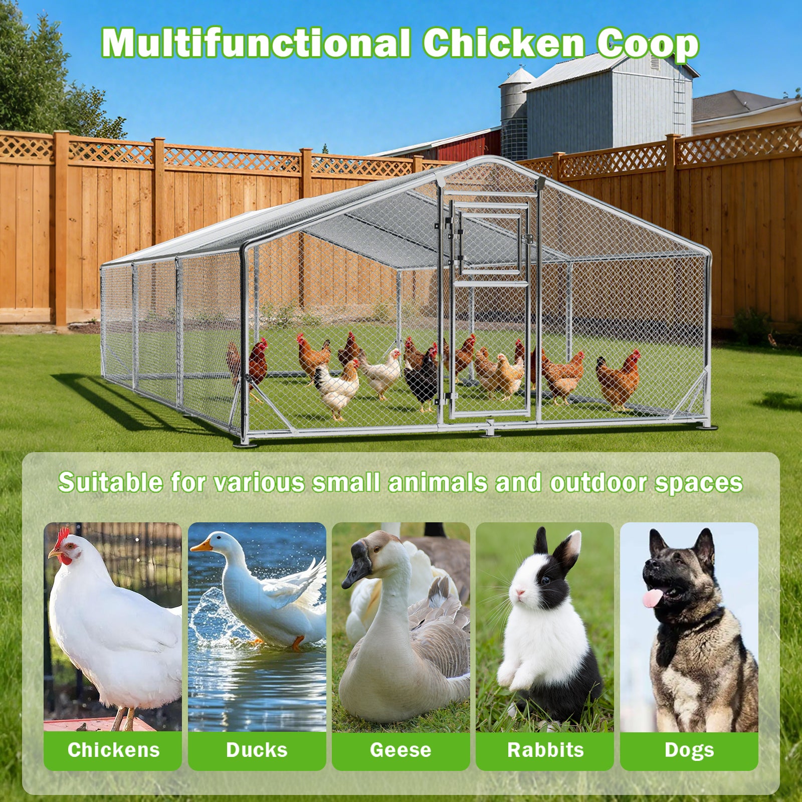 WUKHG Large Walk-In Chicken Coop with Roosting Ladder - 9.8x19.7x6.4FT Metal Chicken Coops with All-Weather Roof, Double Doors, and Predator Protection for Backyard Animals