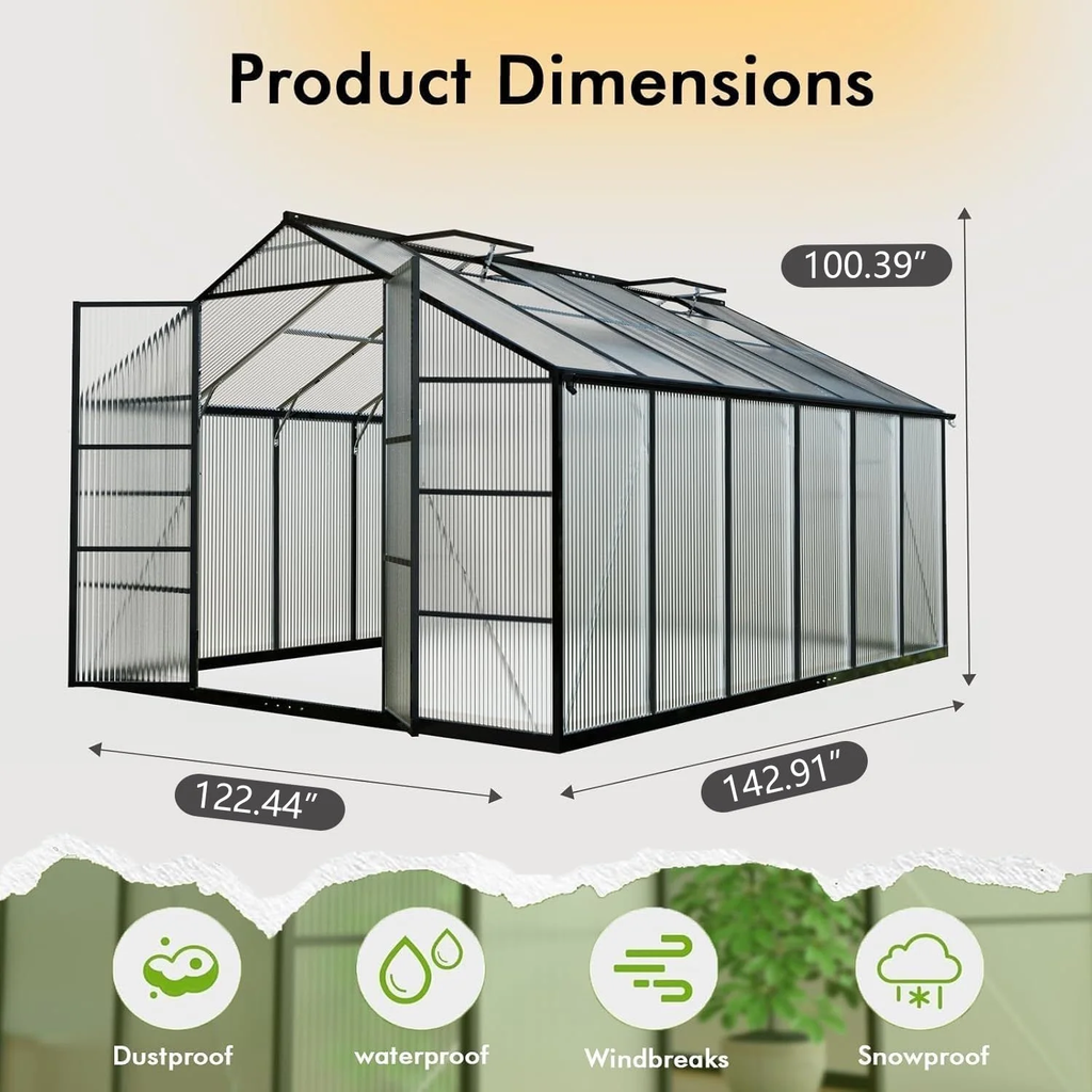 WUKHG 10x12FT Outdoor Greenhouse with Thermometer Hygrometer, Heavy-Duty Walk-in Greenhouse for Garden with Reinforced Aluminum Frame, All-Weather Greenhouse with UV-Resistant Polycarbonate Panels