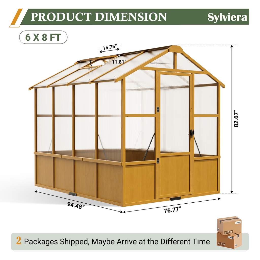 WUKHG 6x8ft Walk-In Wooden Greenhouse, Pine Frame & Polycarbonate Panels, Reinforced Outdoor Greenhouse with Lockable Door & Roof Vents for Garden Backyard