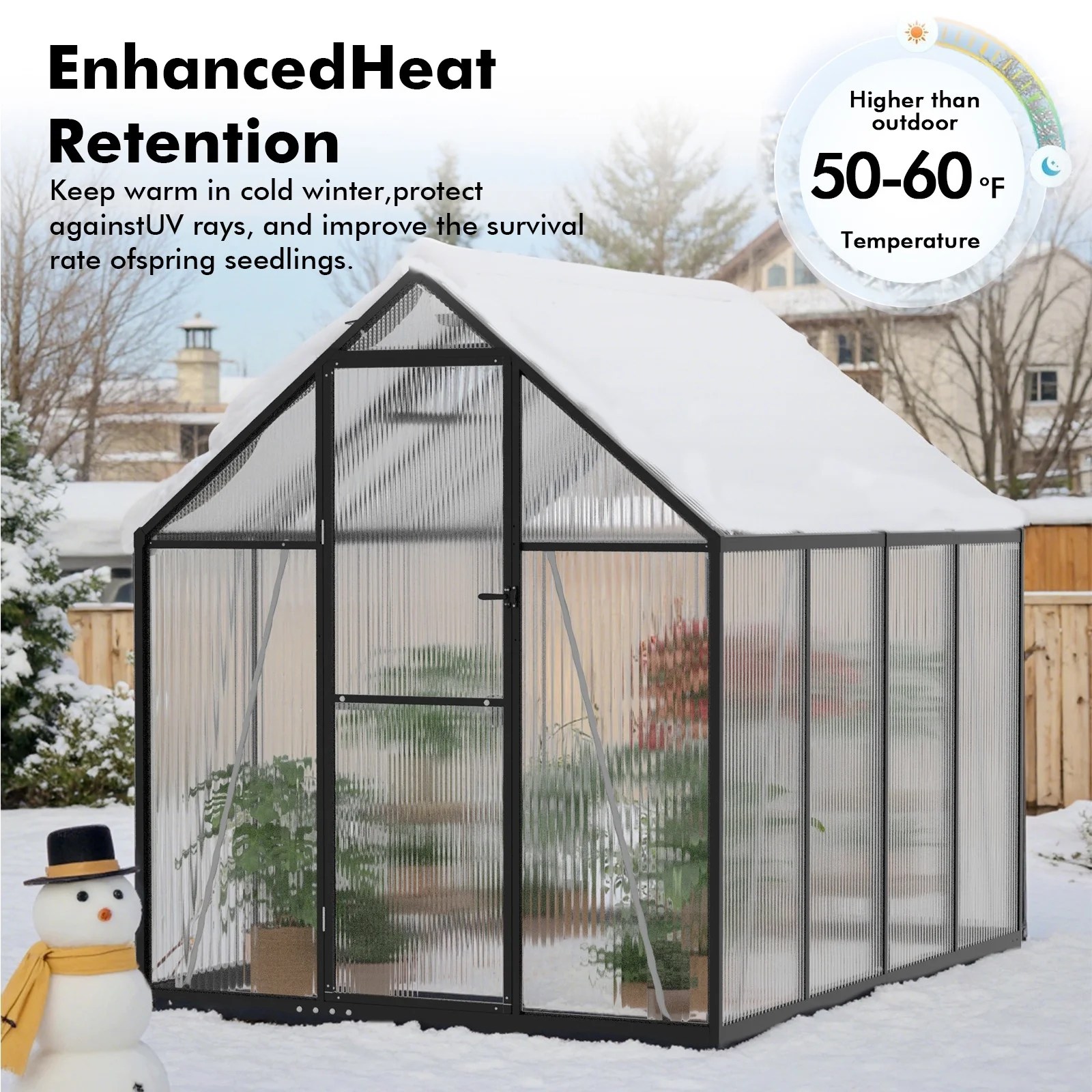 WUKHG 6x7.5FT Outdoor Greenhouse with Thermometer Hygrometer, Heavy-Duty Walk-in Greenhouse for Garden with Reinforced Aluminum Frame, All-Weather Greenhouse with UV-Resistant Polycarbonate Panels