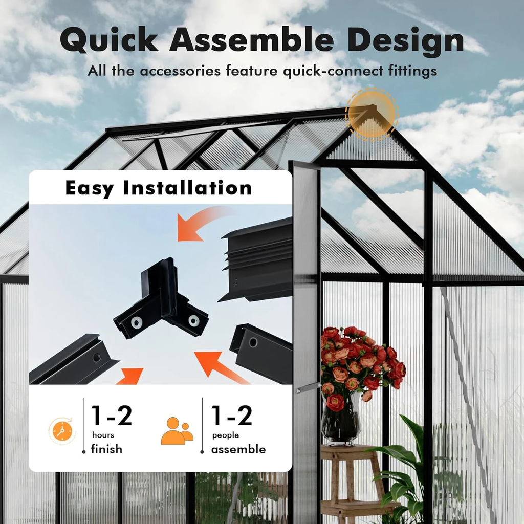 WUKHG 6x7.5FT Outdoor Greenhouse with Thermometer Hygrometer, Heavy-Duty Walk-in Greenhouse for Garden with Reinforced Aluminum Frame, All-Weather Greenhouse with UV-Resistant Polycarbonate Panels