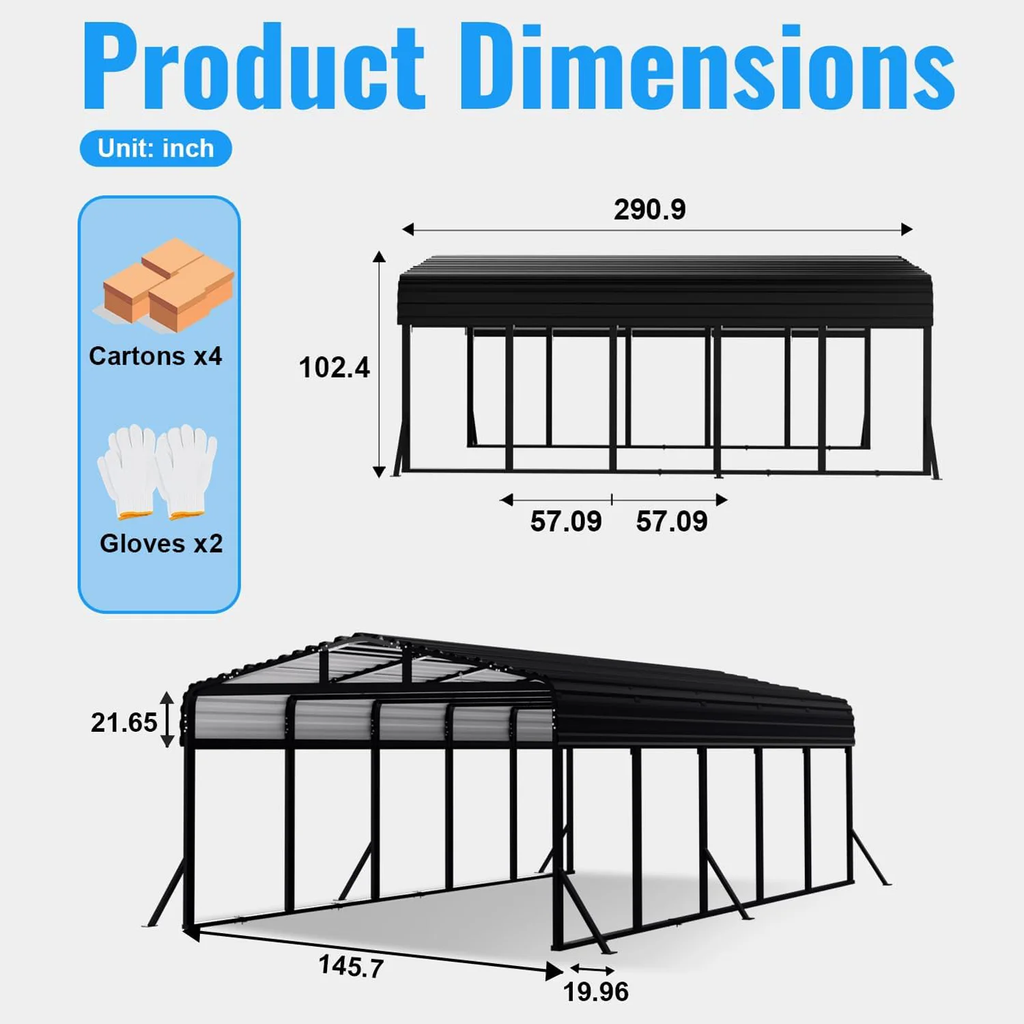 WUKHG 12x25FT Heavy Duty Metal Carport, Outdoor Carport Canopy with Iron Roof, Durable All-Weather Carport for Cars, Trucks, Boats & Outdoor Equipment, Easy Quick-Install Assembly