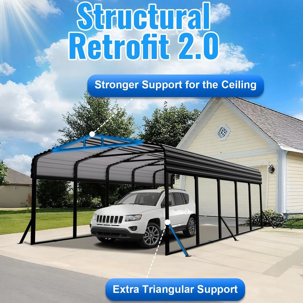WUKHG 12x25FT Heavy Duty Metal Carport, Outdoor Carport Canopy with Iron Roof, Durable All-Weather Carport for Cars, Trucks, Boats & Outdoor Equipment, Easy Quick-Install Assembly