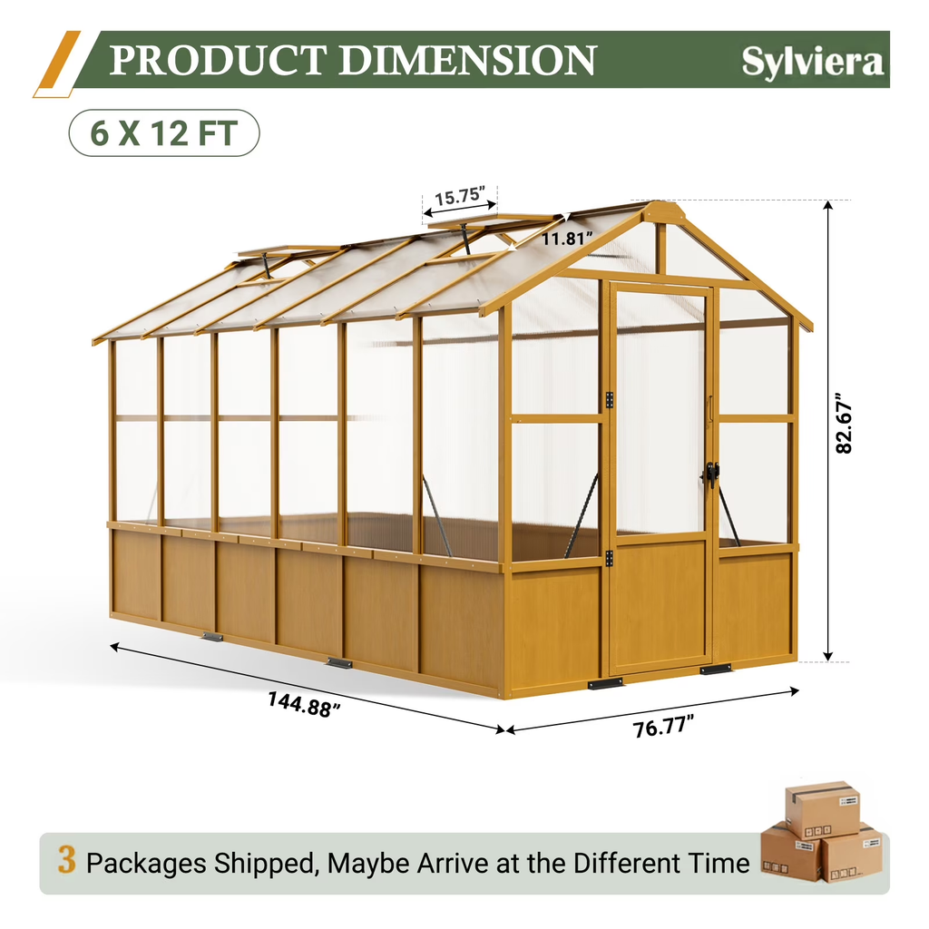 WUKHG 6x12ft Wooden Greenhouse with Pine Wood Frame & Polycarbonate Panels, Walk-In Outdoor Greenhouse with Reinforced Roof, Lockable Door & Roof Vents for Backyard Garden