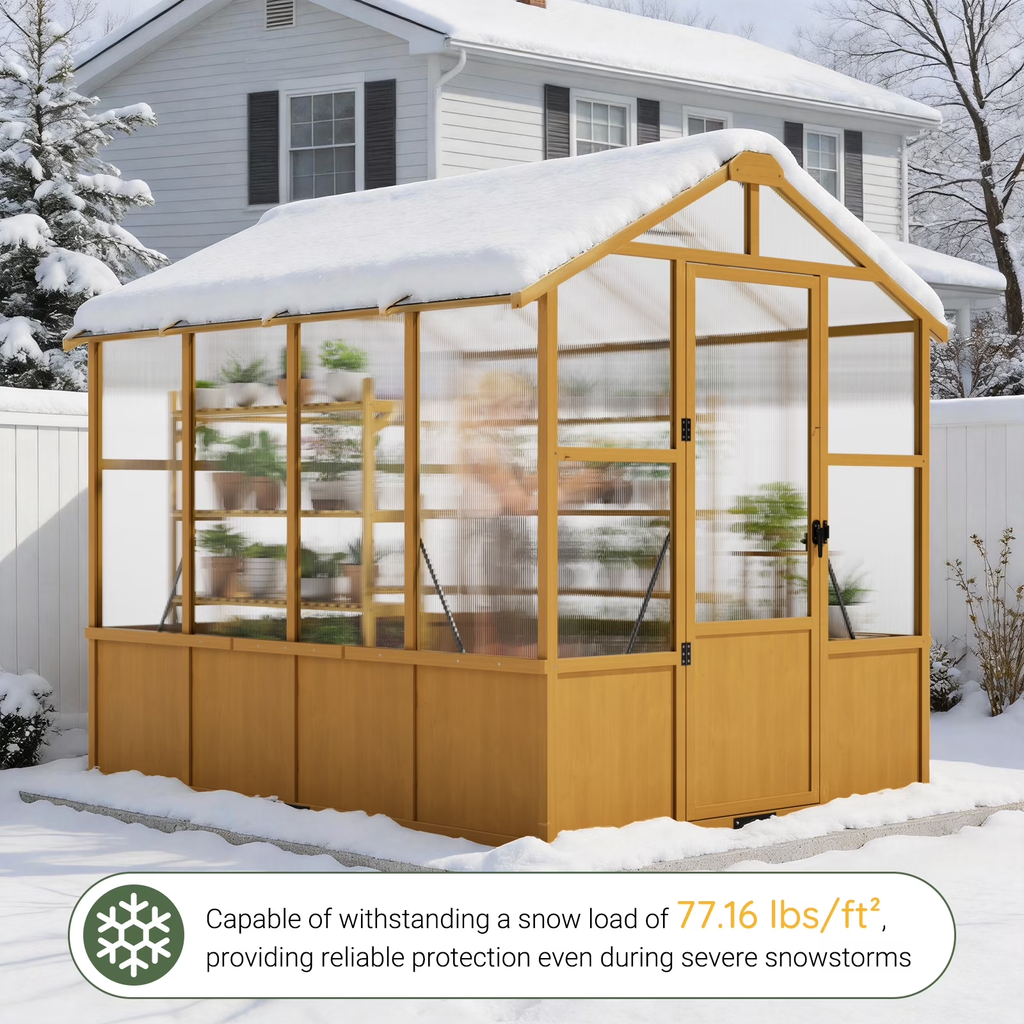 WUKHG 6x8ft Walk-In Wooden Greenhouse, Pine Frame & Polycarbonate Panels, Reinforced Outdoor Greenhouse with Lockable Door & Roof Vents for Garden Backyard