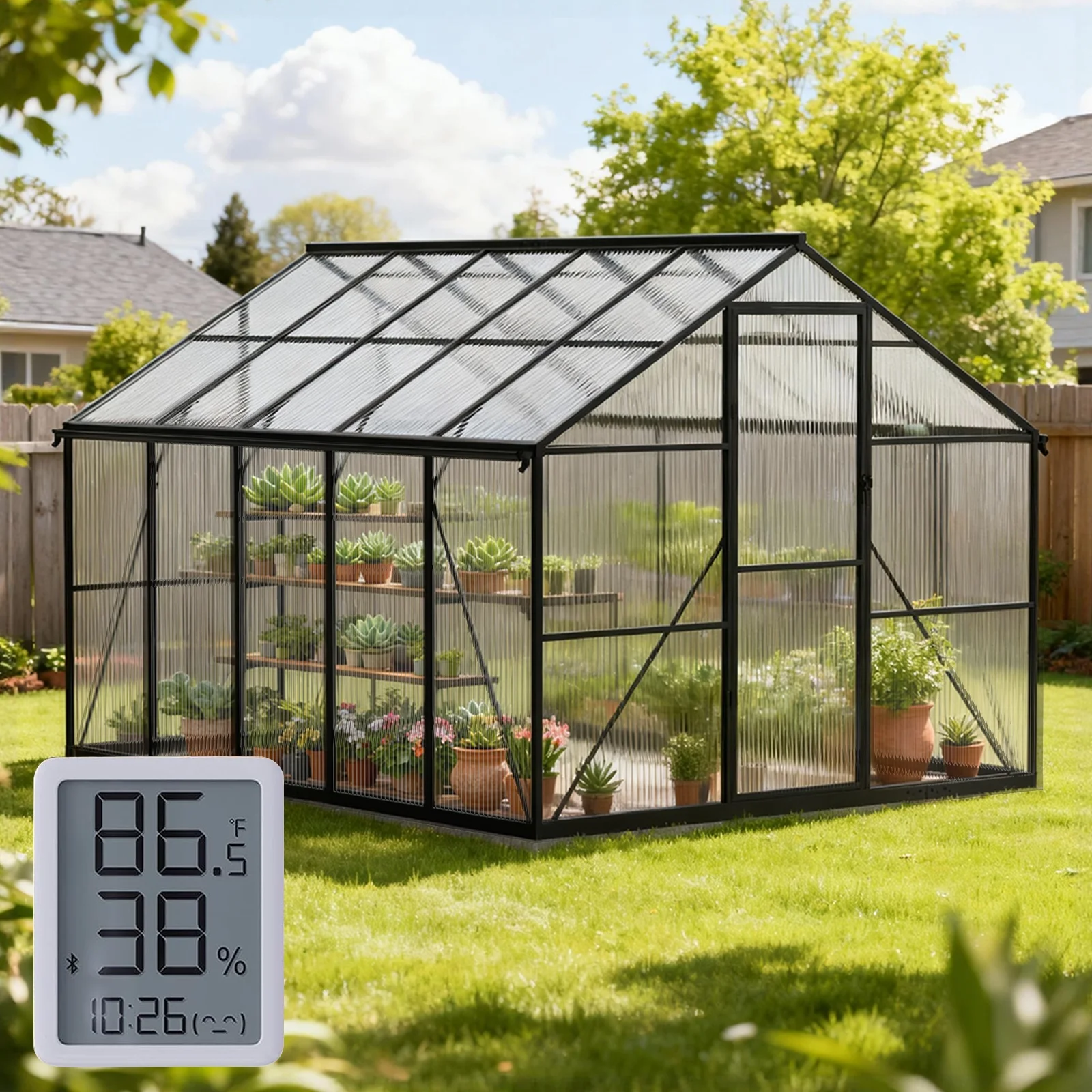 WUKHG 8x10FT Outdoor Greenhouse with Thermometer Hygrometer, Heavy-Duty Walk-in Greenhouse for Garden with Reinforced Aluminum Frame, All-Weather Greenhouse with UV-Resistant Polycarbonate Panels