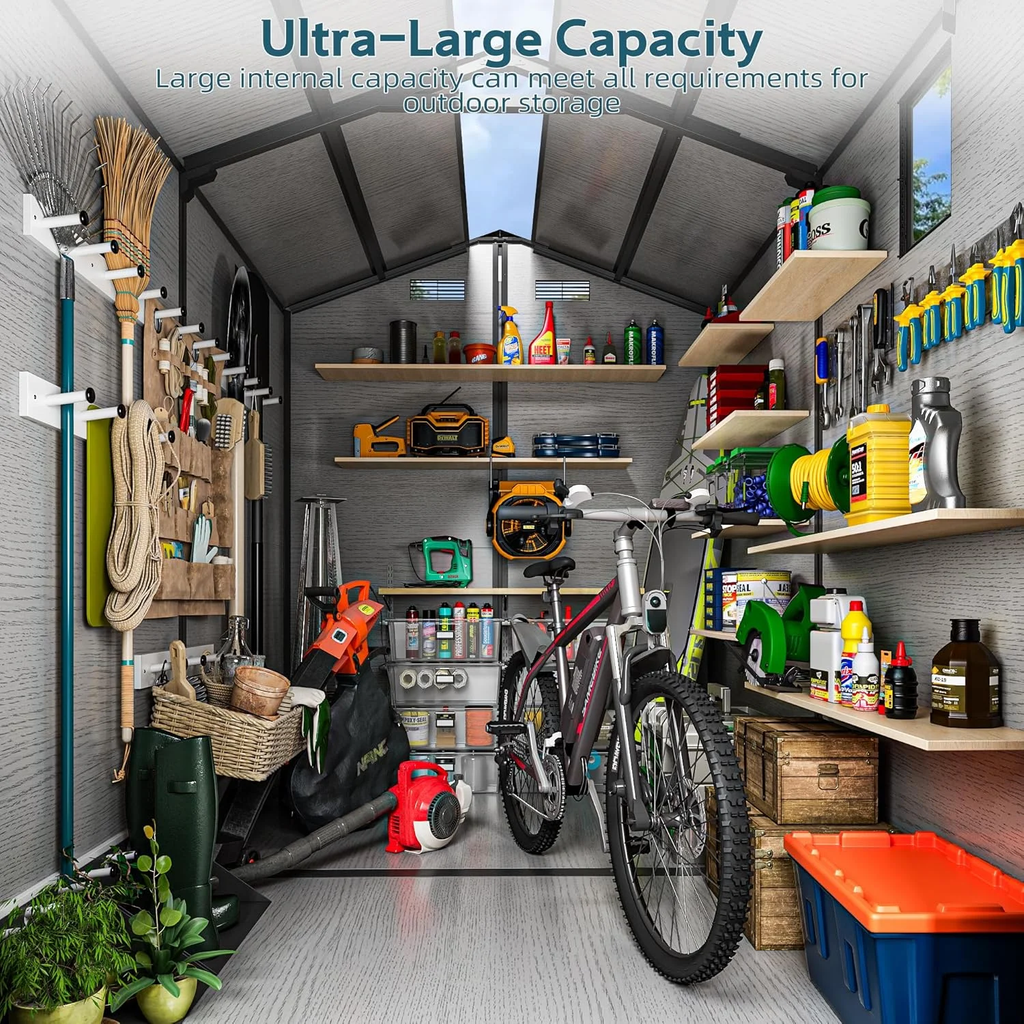 WUKHG 6x8FT Resin Shed with Floor, Weather-Resistant Plastic Garden Shed for Backyard, Waterproof UV-Proof Outdoor Storage Shed for Tools, Bikes & Equipment