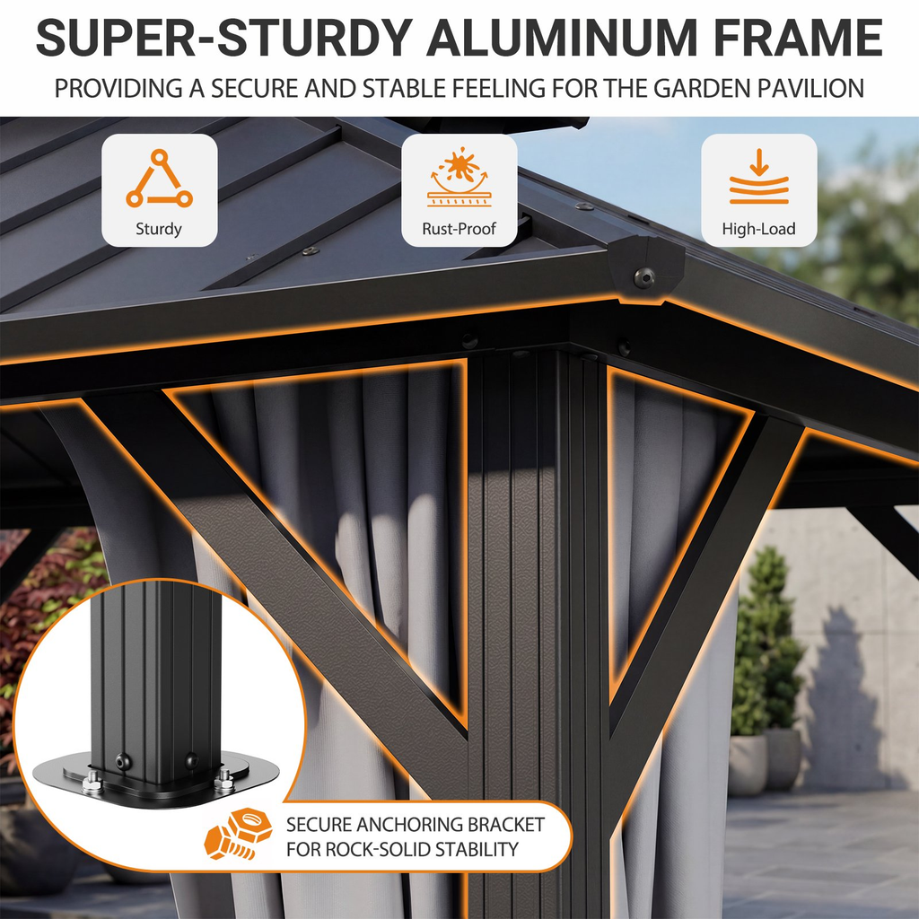 WUKHG 10' x 12' Hardtop Gazebo, Steel Shingle Double-Layer Roof, Iron Frame, with Curtains and Screen, Suitable for Patios, Gardens and Backyards
