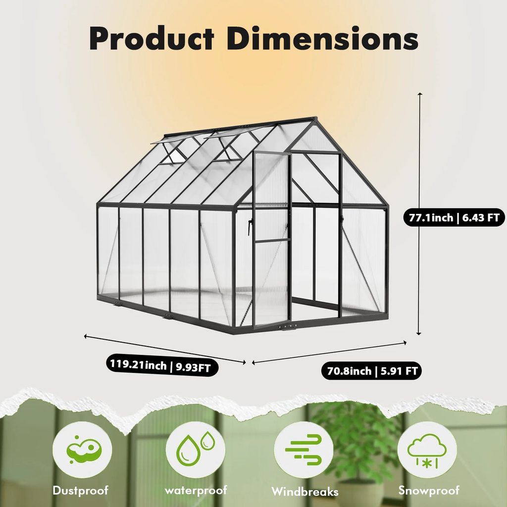 WUKHG 6x10FT Outdoor Greenhouse with Thermometer Hygrometer, Heavy-Duty Walk-in Greenhouse for Garden with Reinforced Aluminum Frame, All-Weather Greenhouse with UV-Resistant Polycarbonate Panels
